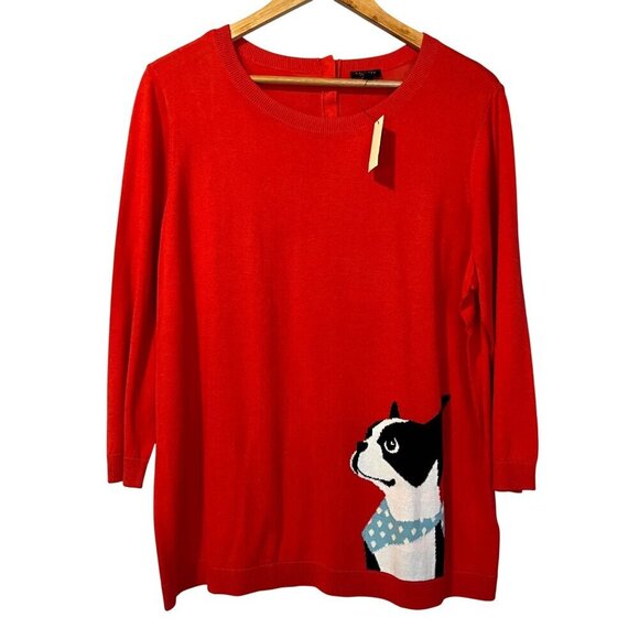 NWT Talbots Red Sweater With Boston Terrier Design 2XP Artsy Dog Lover Dogs - Picture 1 of 6
